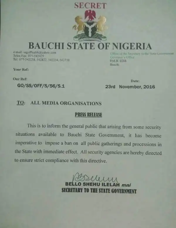 Security Reason: Bauchi Government Bans All Social Gatherings With Immediate Effect